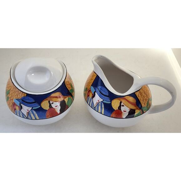 Creamer and Sugar Bowl with Lid Set-Sango-"Cafe Paris"-White-Multicolor Design - Picture 2 of 10